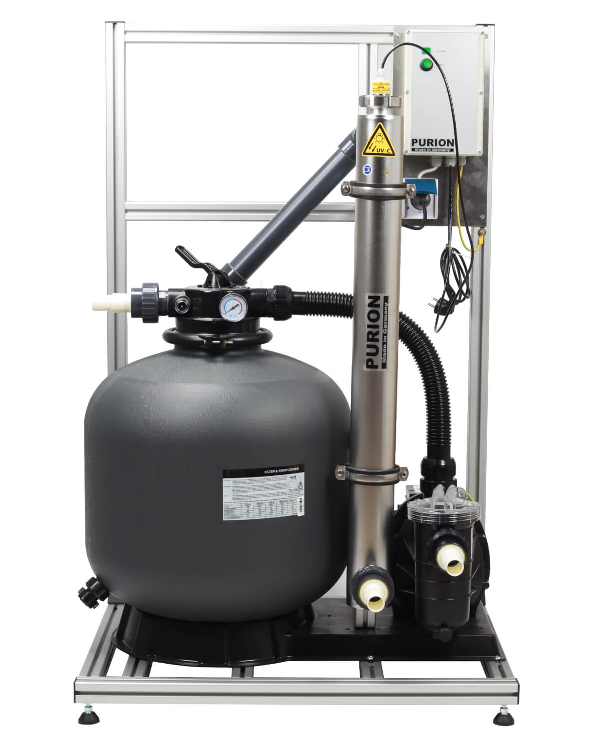 Ein PURION Pool 80 Edelstahl Basic Filtersystem mit einem PURION GmbH Edelstahlgehäuse auf einem Stativ.