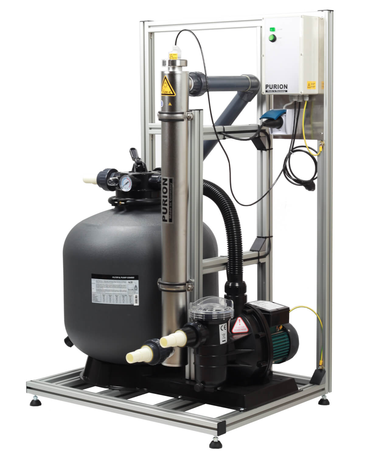 Benötigt wird ein PURION Pool 80 Edelstahl Basic Wasserfiltersystem mit angeschlossenem Edelstahlgehäuse.