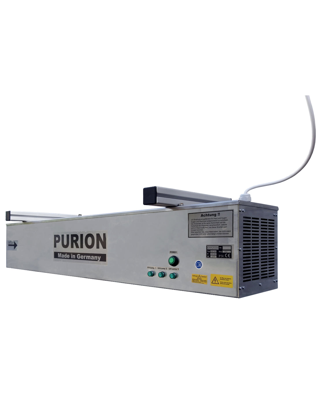 Auf weißem Hintergrund ist eine Purion-Maschine zu sehen, die AIRPURION 300 active Silent Basic der PURION GmbH. Die Maschine verfügt über eine hervorragende Desinfektionsleistung und bietet eine effektive Luftentkeimung.