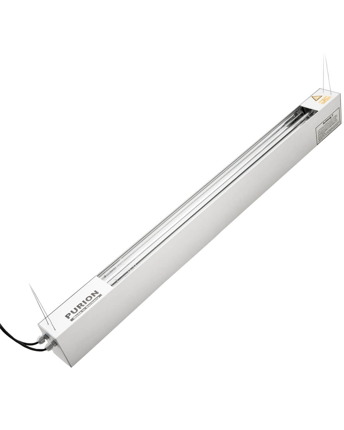 Eine weiße LED-Röhre auf weißem Hintergrund, die die Vorteile der AIRPURION DUO 90/39 UV-C-Desinfektionslampe und Tageslichtlampe der PURION GmbH bietet.