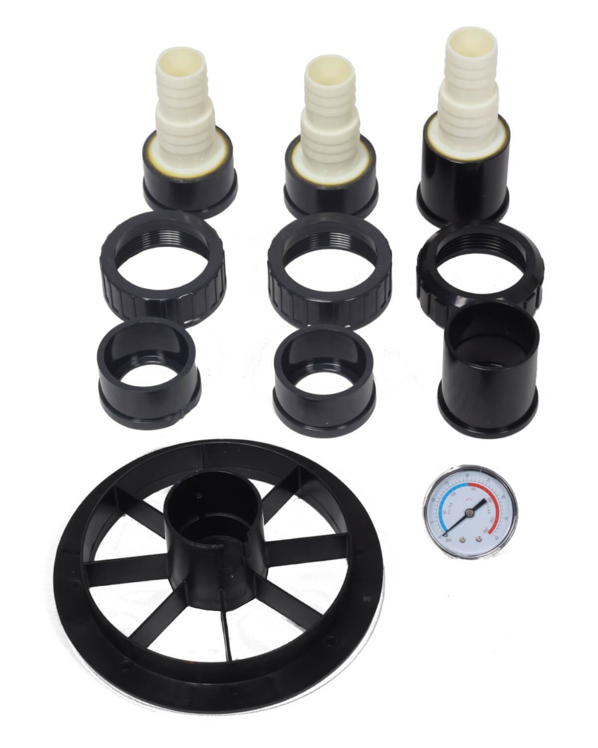 Ein Satz schwarzer Kunststoffteile für ein Manometer des Typs PURION Pool 40 PVC-U Basic, hergestellt von der PURION GmbH.