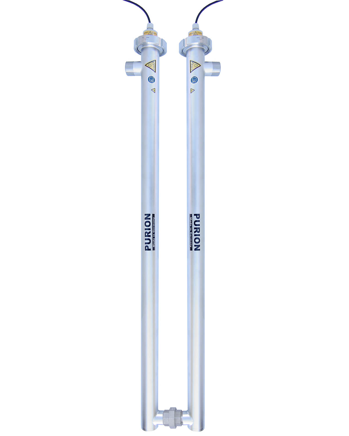Une paire de barres en aluminium PURION 2500 90 W DUAL OPD sur fond blanc, assurant une eau propre et sans germes grâce à l'installation de désinfection UV-C. [PURION GmbH]