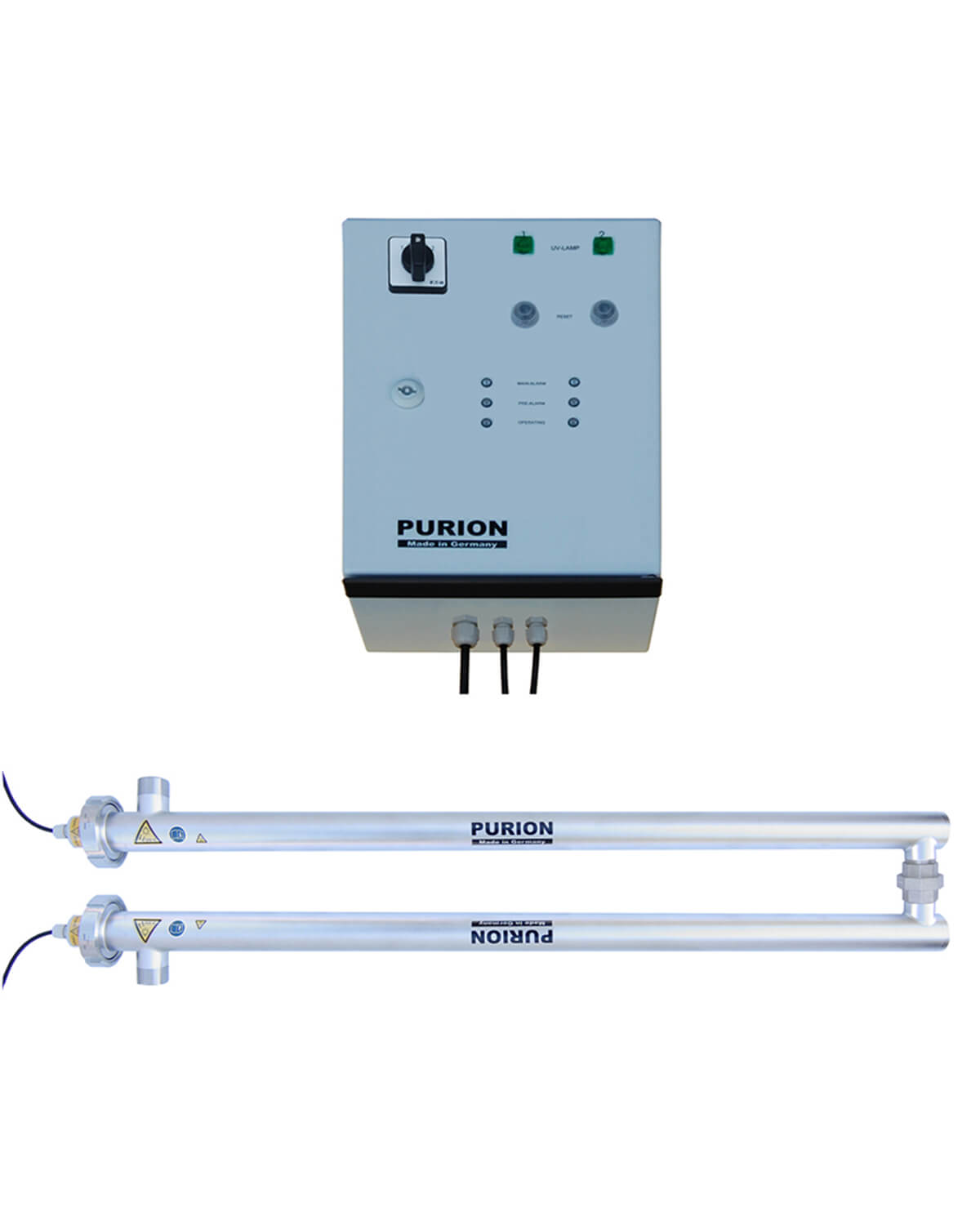 Ein Set aus zwei elektronischen PURION 2500 H DUAL OTC-Geräten mit UV-C-Desinfektion und weißem Hintergrund.