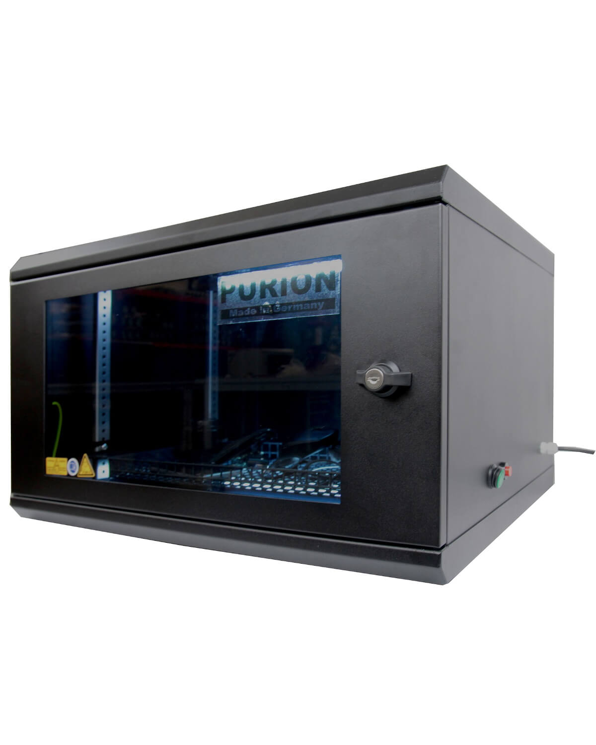 Ein schwarzer Schrank mit einer Glastür für die Desinfektion der PURION UVC Box Medium Plus zur Beseitigung von Keimen.