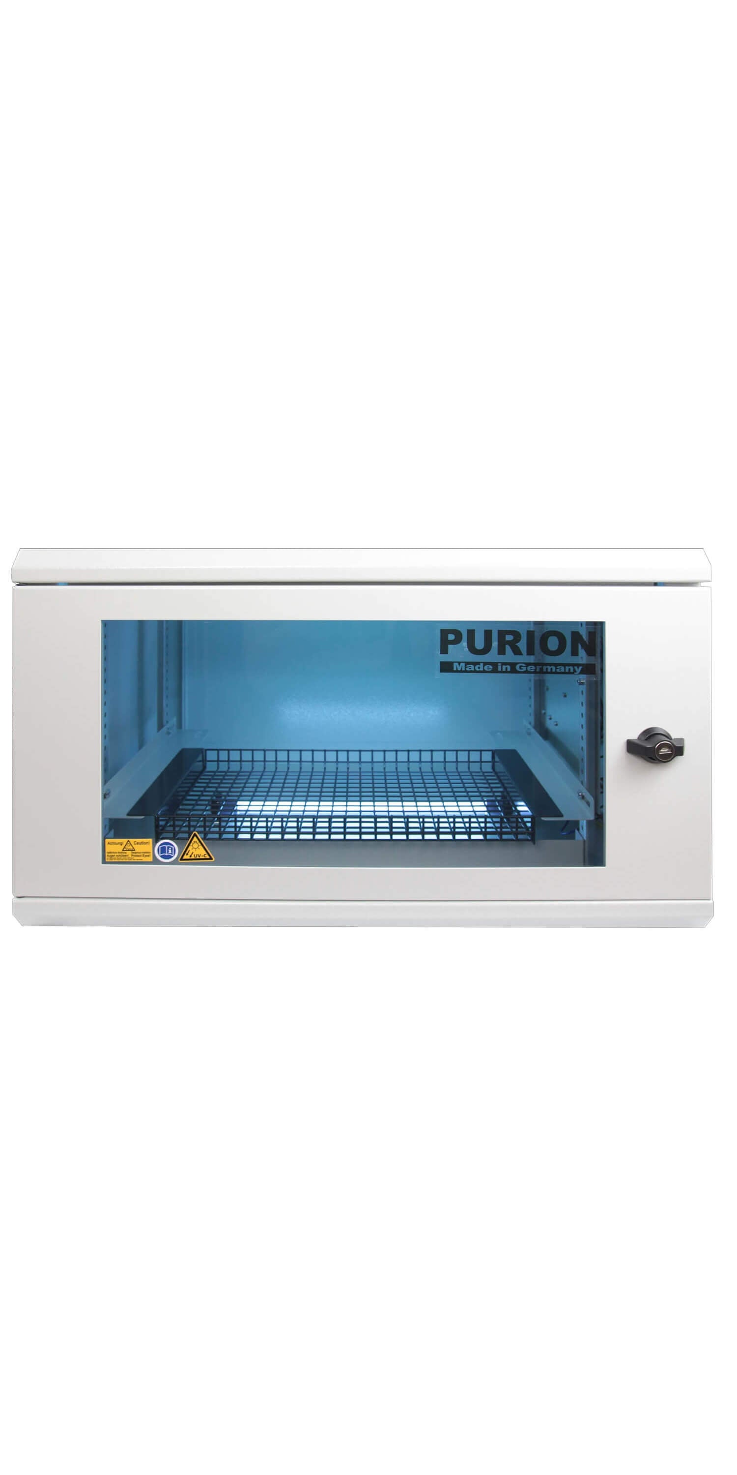 Ein weißer PURION UVC Boxen Medium Bundle-Schrank mit blauem Licht darauf, der mithilfe der UVC-Technologie Gegenstände desinfiziert und so die Hygiene auf effiziente Weise fördert.