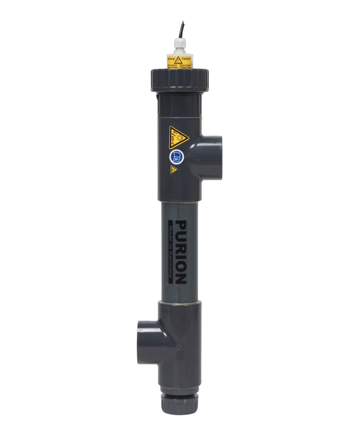 Ein schwarzes PURION 1000 PVC-U 12V/24V DC OTC Plus-Rohr mit einem gelben Ventil, speziell für die UV-C-Reinigung entwickelt und kompatibel mit PURION 1000 P-Systemen. Ideal für den Einsatz in Salzwasserpools.