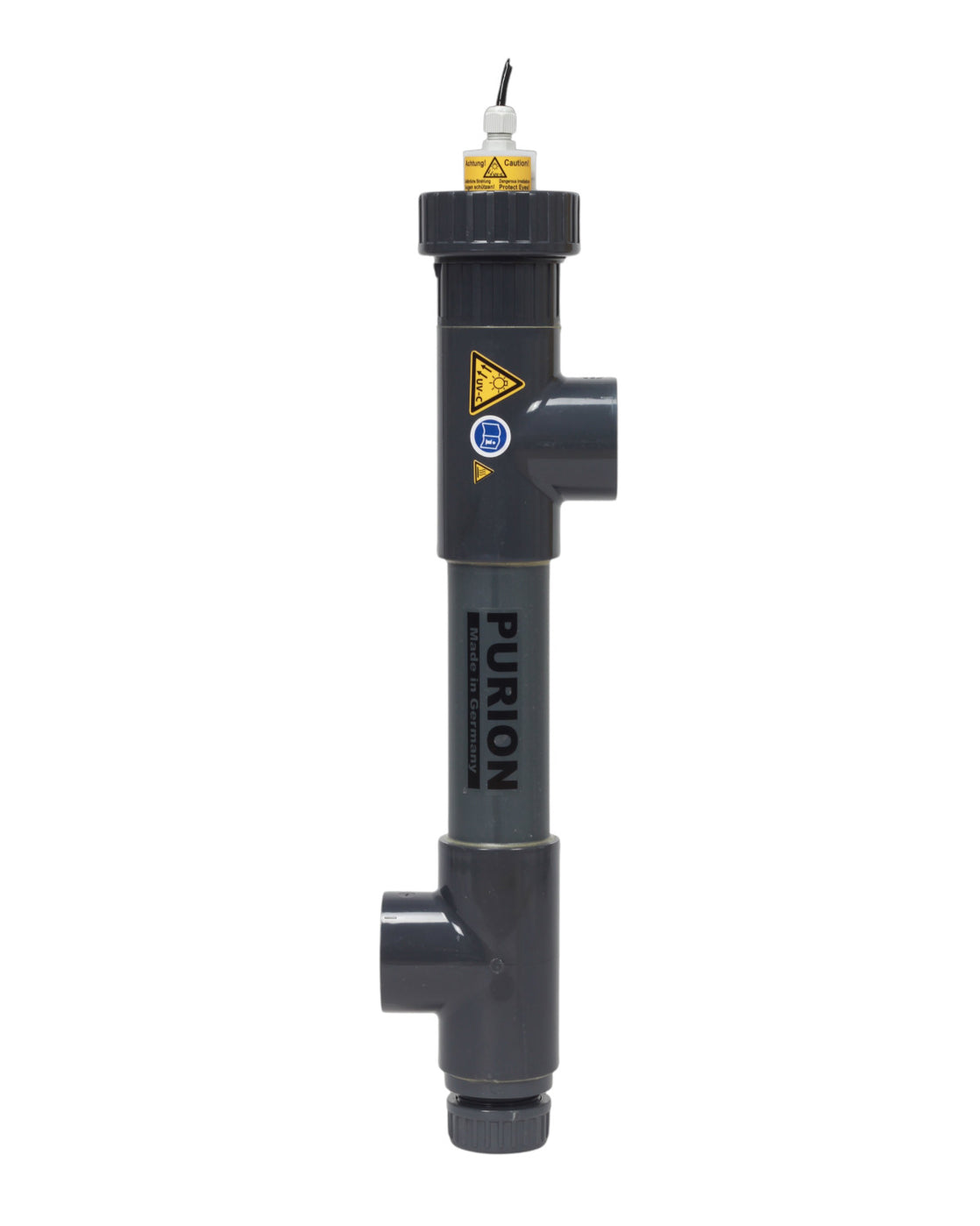 Ein schwarzes PURION 1000 PVC-U-Rohr mit einem gelben PURION GmbH-Ventil darauf, das zur UV-C-Reinigung verwendet wird.