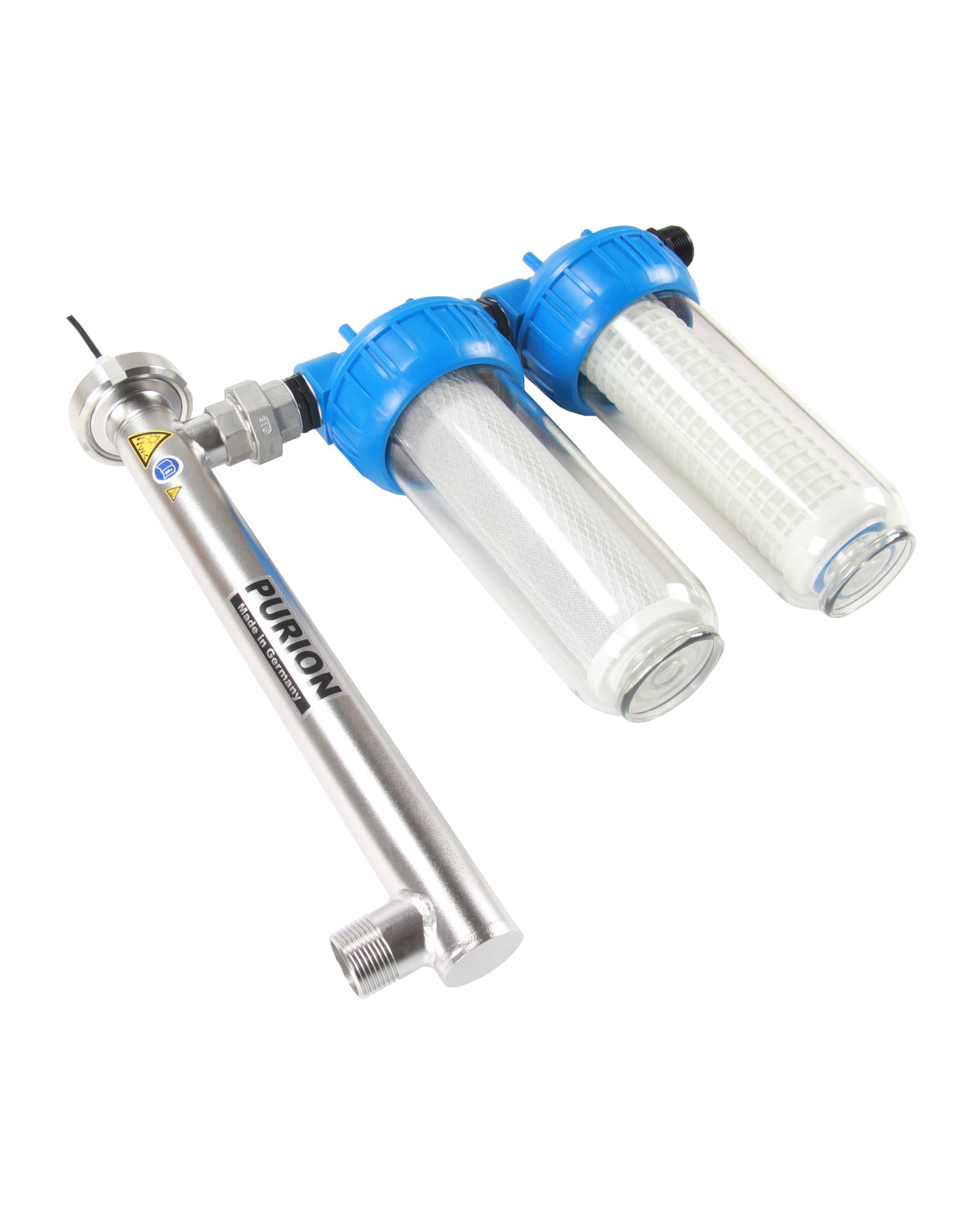 Ein blau-silberner PURION 1000 Starter-Wasserfilter mit blauem Griff, der zum Filtern von Trinkwasser mit dem PURION GmbH-System entwickelt wurde.