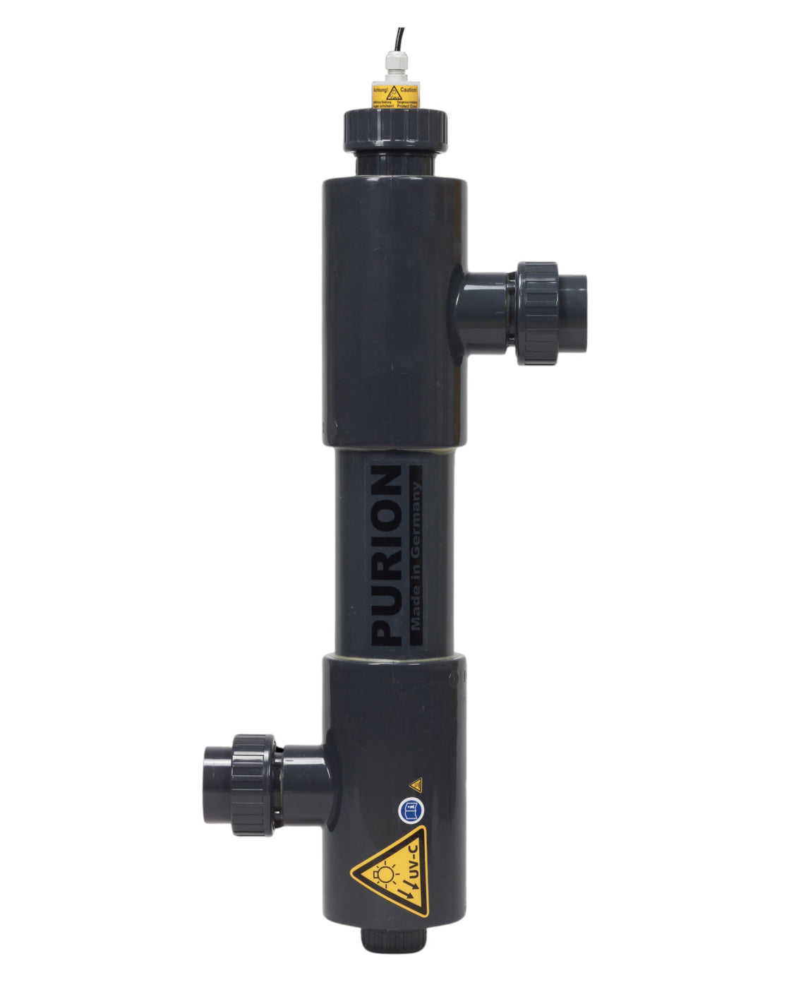 Ein schwarz-gelbes PURION 2001 PVC-U OTC Plus-Ventil für Salzwasserpool mit einem gelben Pfeil darauf, verwendet für Reinigung und UV-C-Desinfektion.