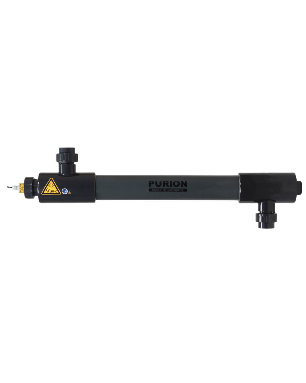 Ein PURION 2501 PVC-U OTC Bundle, hergestellt von der PURION GmbH, ist ein schwarz-gelbes Röhrchen mit gelbem Griff, das speziell für Salzwasserpools entwickelt wurde und das UV-C-Desinfektionsverfahrens-Reinigungsverfahren nutzt.