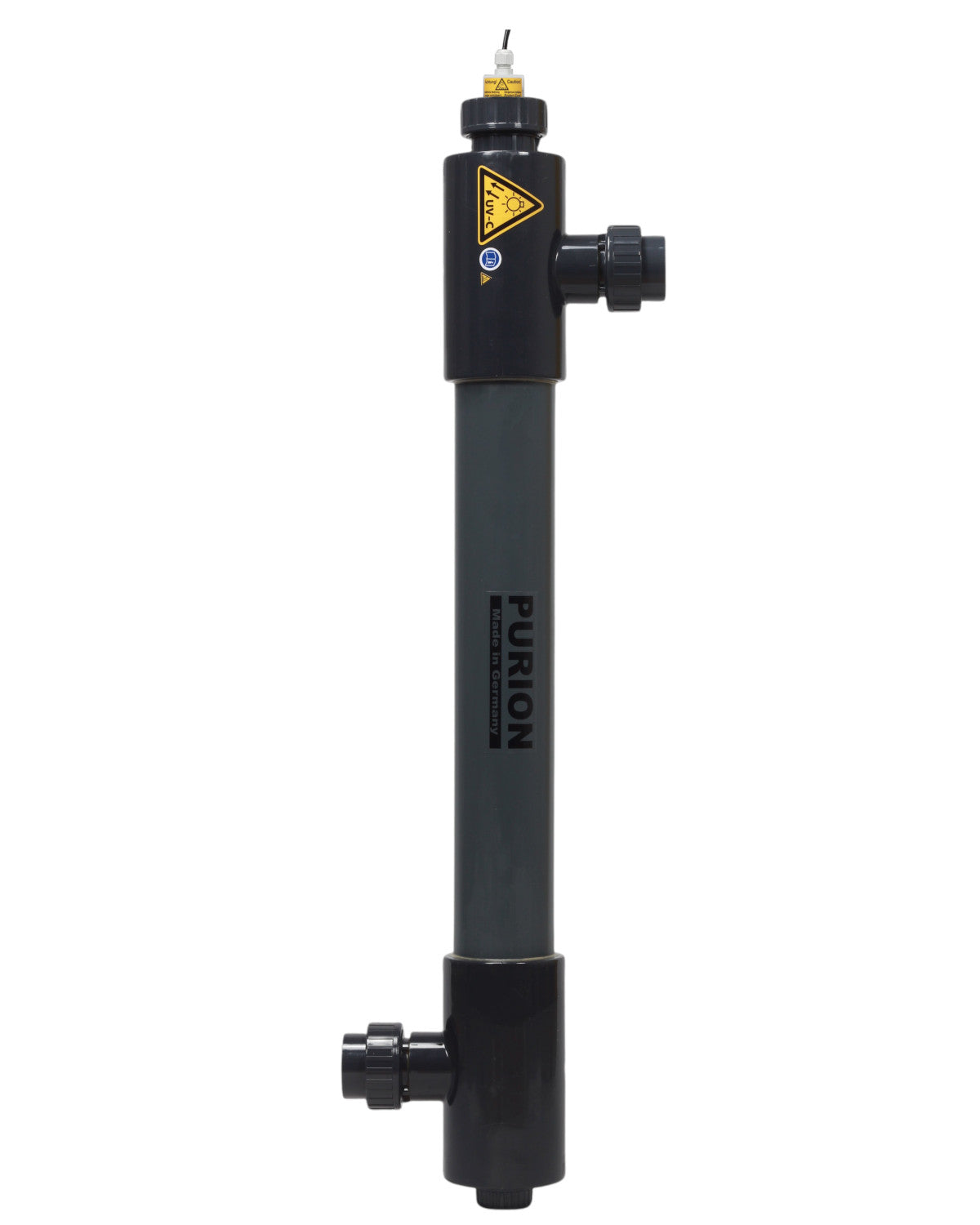 Ein schwarz-gelbes PURION 2501 PVC-U OTC Plus Wasserfiltersystem mit UV-C-Desinfektionsverfahren auf weißem Hintergrund.
