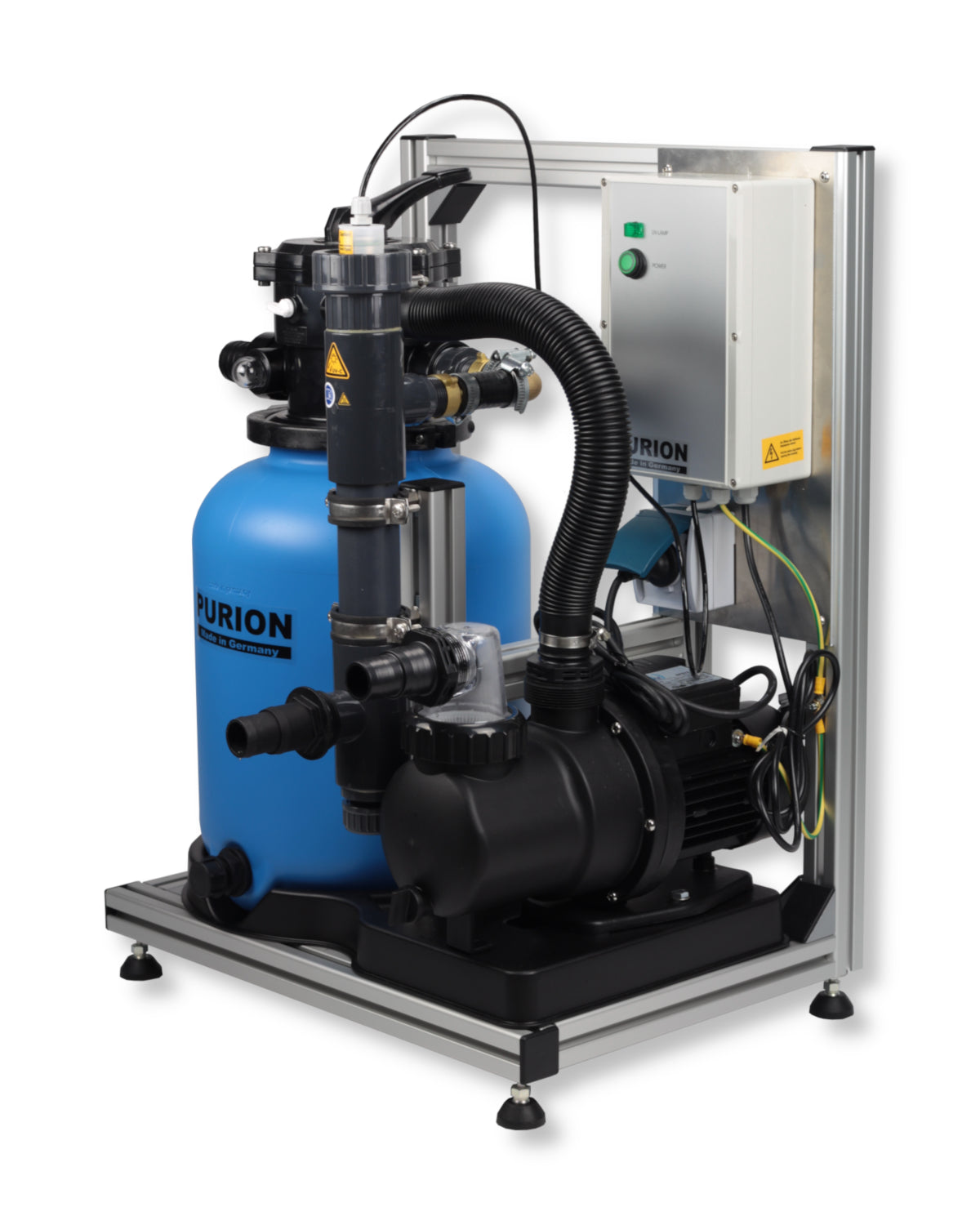 Beschreibung: Ein PURION Pool 20 PVC-U Plus Wasserfilter-System mit blauer Farbe auf einem Ständer, den Sie problemlos steuern können. (Markenname: PURION GmbH)