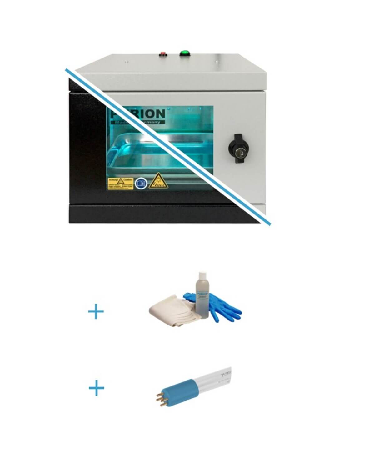 Ein PURION UVC Box Small Bundle mit blauem Licht, das desinfiziert und Keime beseitigt, gepaart mit einer Flasche Wasser.