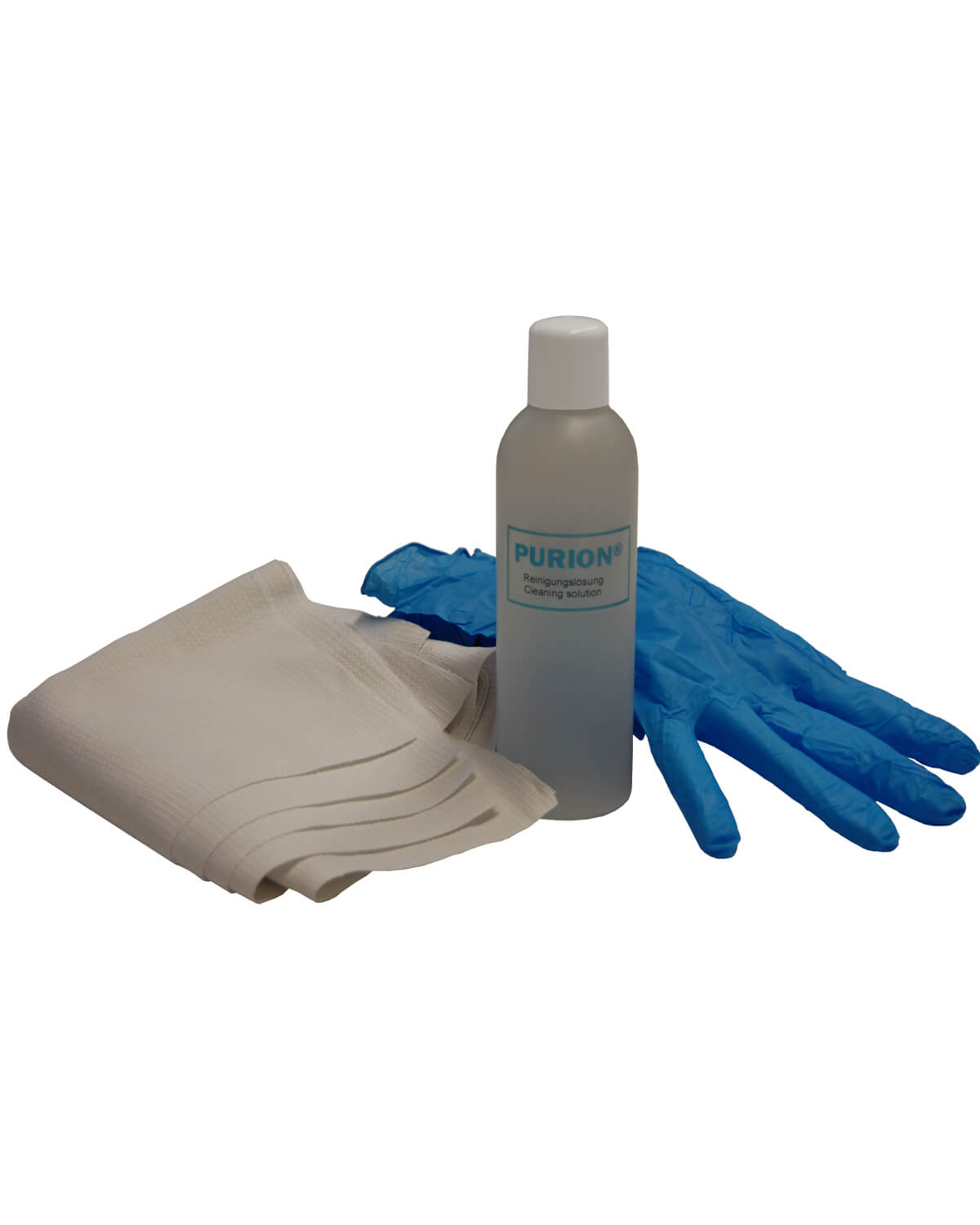 Beschreibung: Ein Paar blaue Handschuhe und eine Flasche PURION 2501 OTC Bundle Reinigungslösung für UV-C-Desinfektions- und Reinigungszwecke.