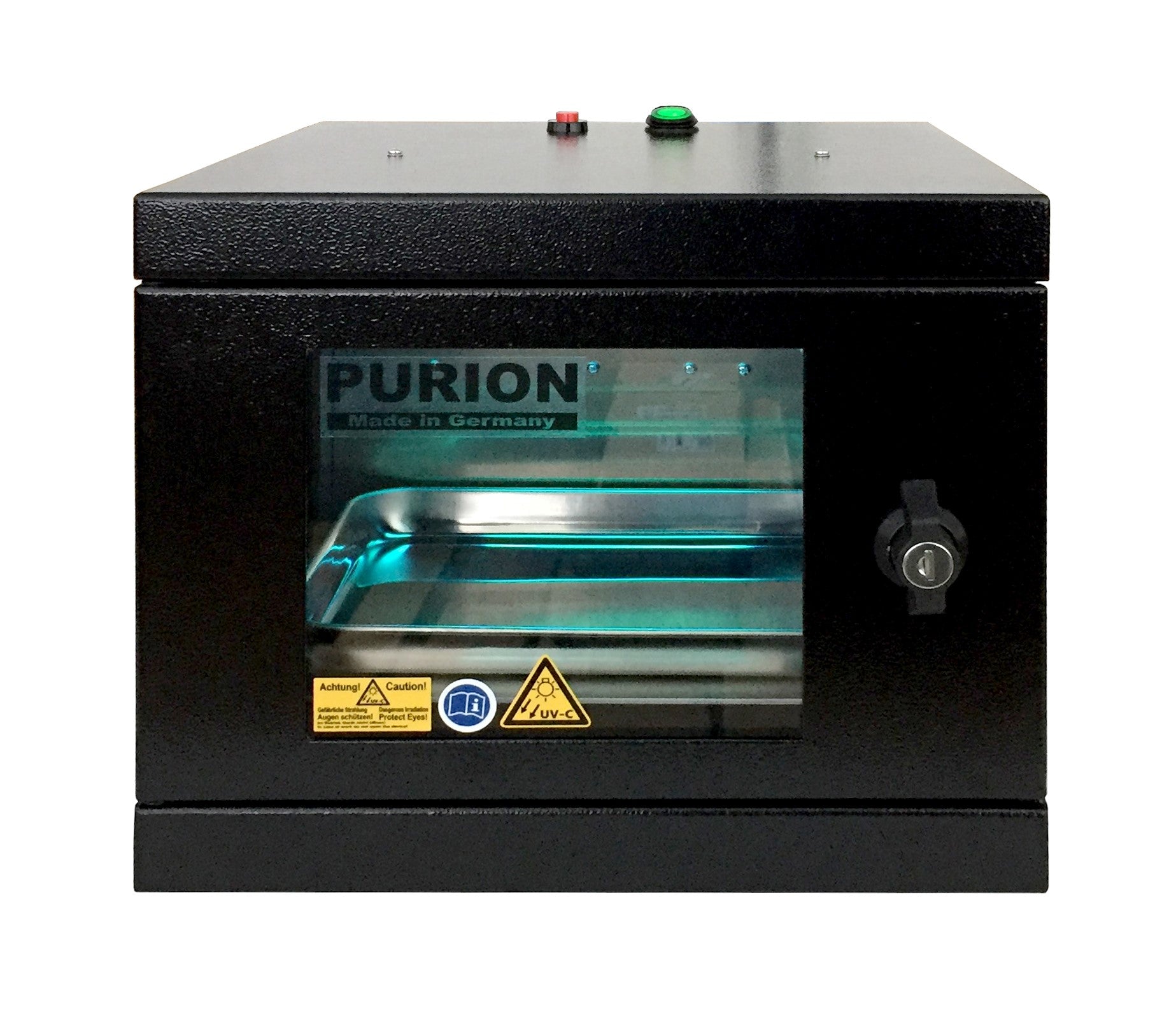 Eine PURION UVC-Box Small Basic, die speziell für die Desinfektion und Beseitigung von Keimen entwickelt wurde und auch als UVC-Box bekannt ist. Auf der Außenseite der Maschine ist deutlich der Schriftzug „PURION“ zu sehen.