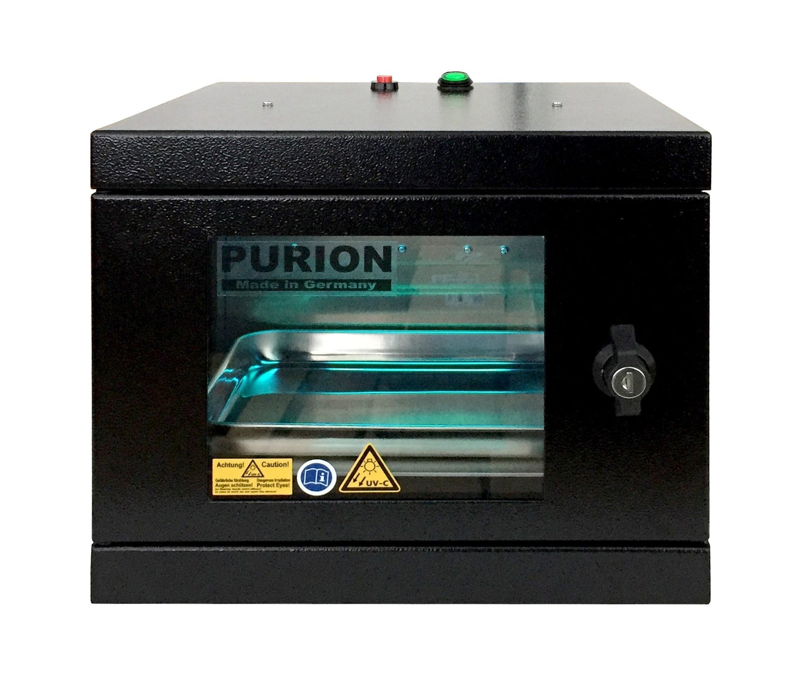 Ein PURION UVC Box Small Plus-Gerät mit dem Wort PURION darauf, entwickelt für die Desinfektion und Entfernung von Keimen mithilfe der UVC-Box-Technologie der PURION GmbH.