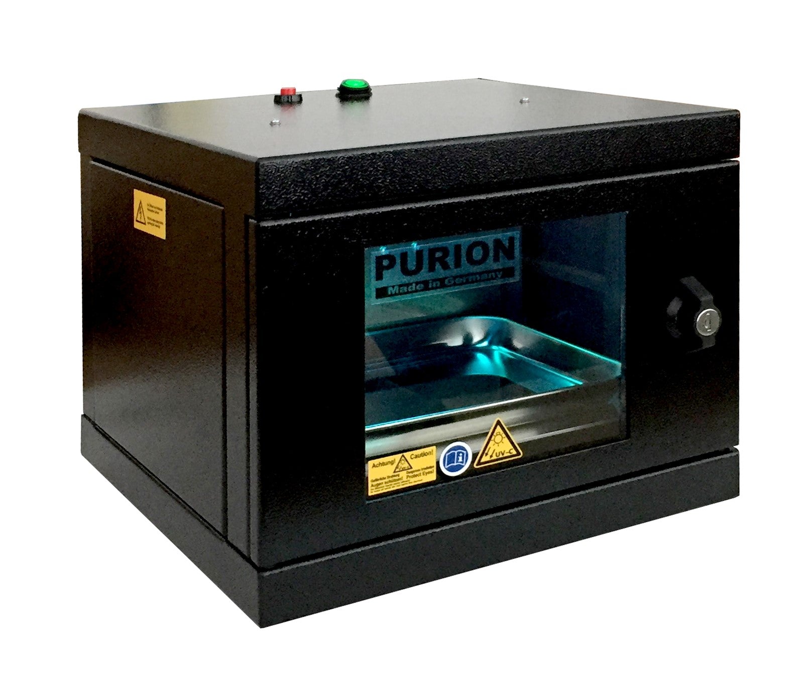 Ein schwarzes Gerät mit der Aufschrift PURION GmbH, konzipiert für die Desinfektion der PURION UVC Box Small Basic zur Keimbeseitigung.