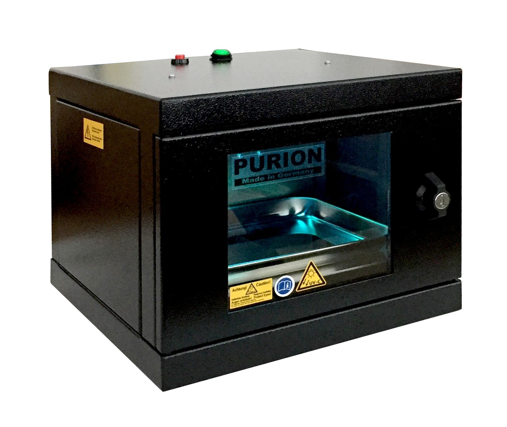 Чорна машина PURION UVC Box Small Plus зі словом Purion на ній, призначена для дезінфекції та знищення мікробів.